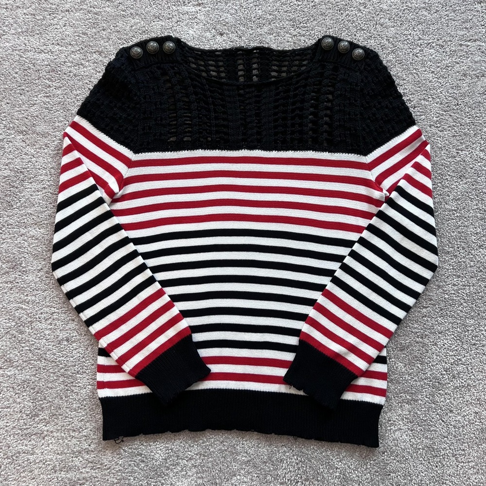 Balmain Paris Striped Open‎ Knit Crewneck Sweater Mens XL Black Red Nautical